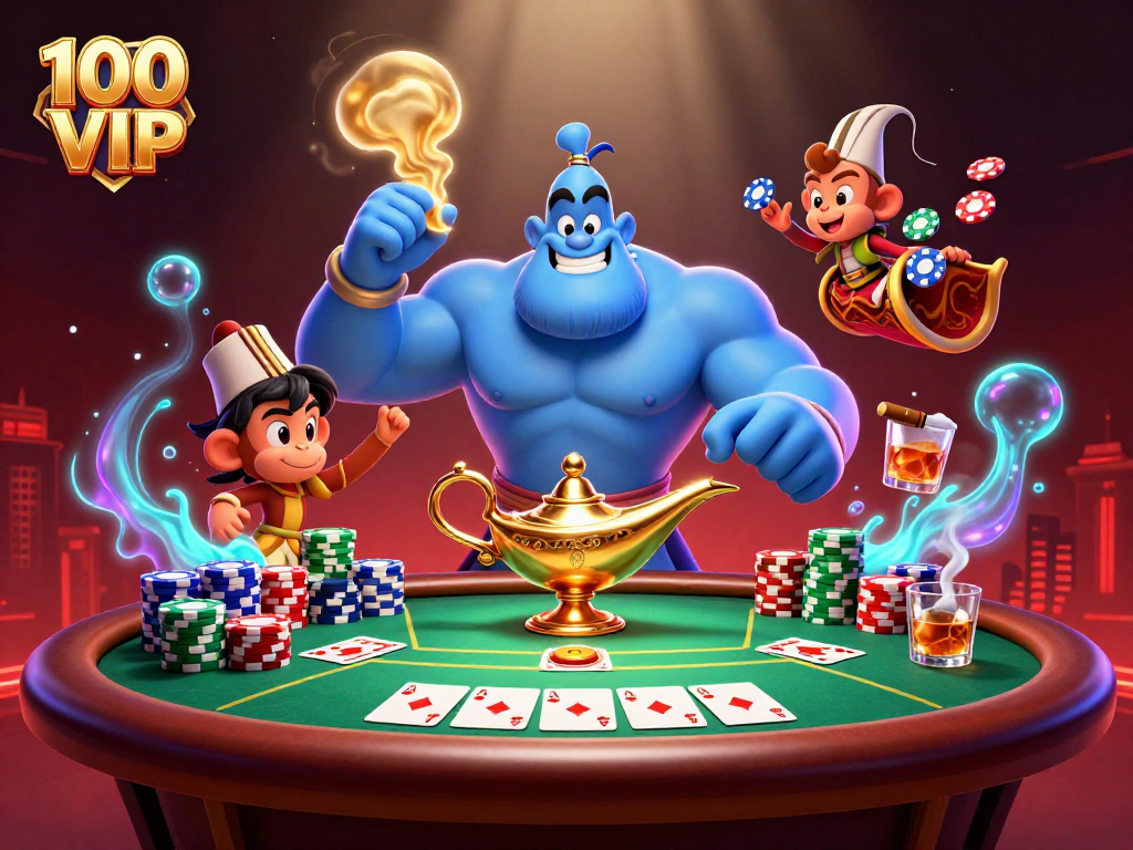 Experience exhilarating gaming at 100 VIP, featuring vibrant casino elements and dynamic characters.