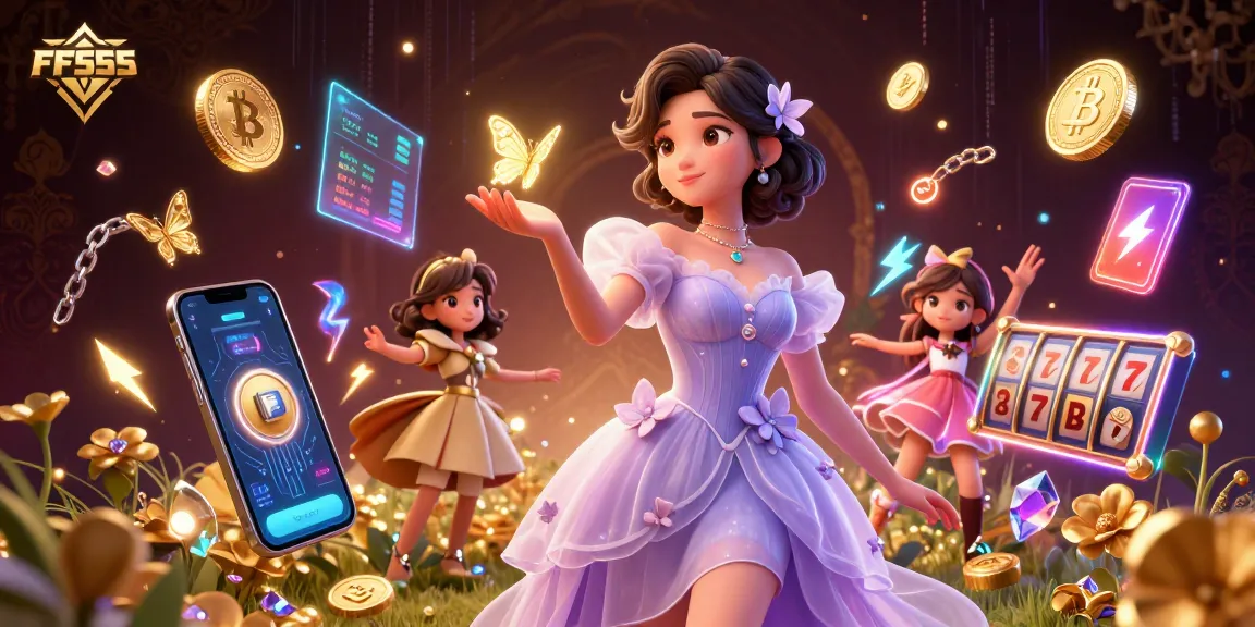 Engage with FF555's vibrant slots featuring an enchanting woman amidst golden butterflies.