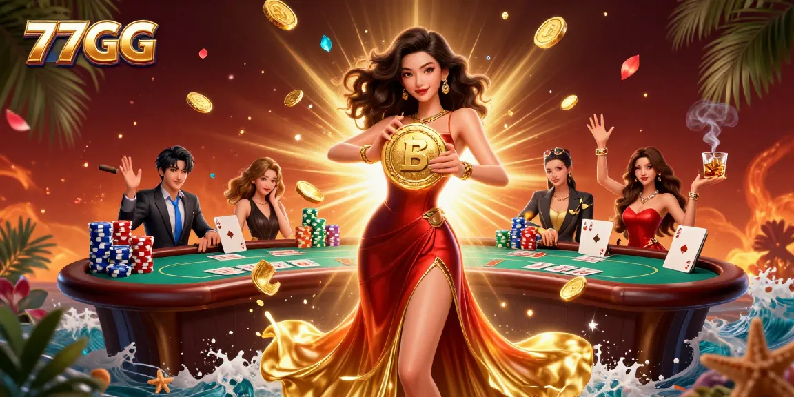 Betting big with 77GG in a vibrant casino scene with golden coins raining down.