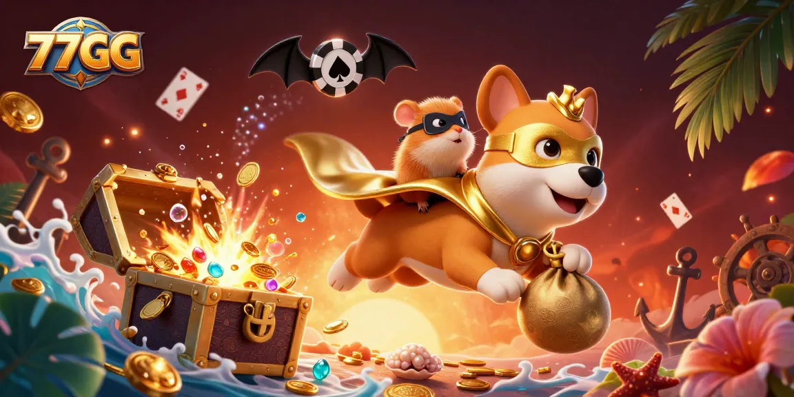Experience winning moments at 77GG with a 3D superhero dog surrounded by exciting casino elements.