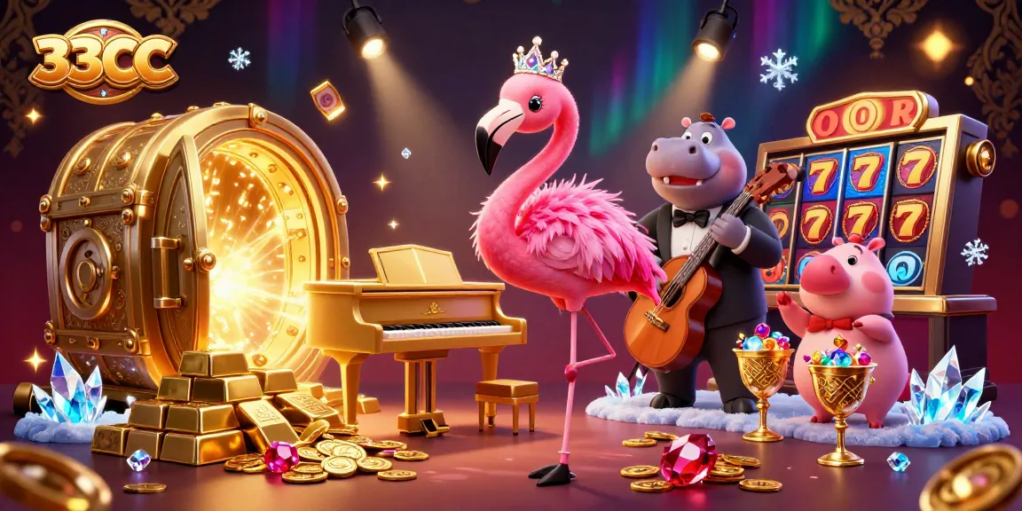 Experience the vibrant scene at 33CC, showcasing a flamingo singer and a hippo bassist amid a lively casino atmosphere.