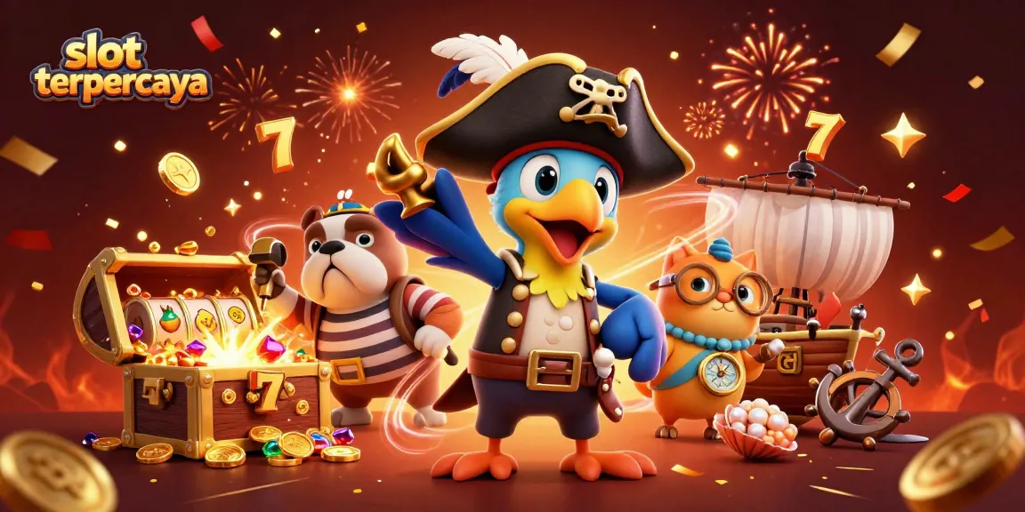 Capture the excitement of slot terpercaya with a vibrant 3D pirate-themed scene showcasing winning slots and treasure.