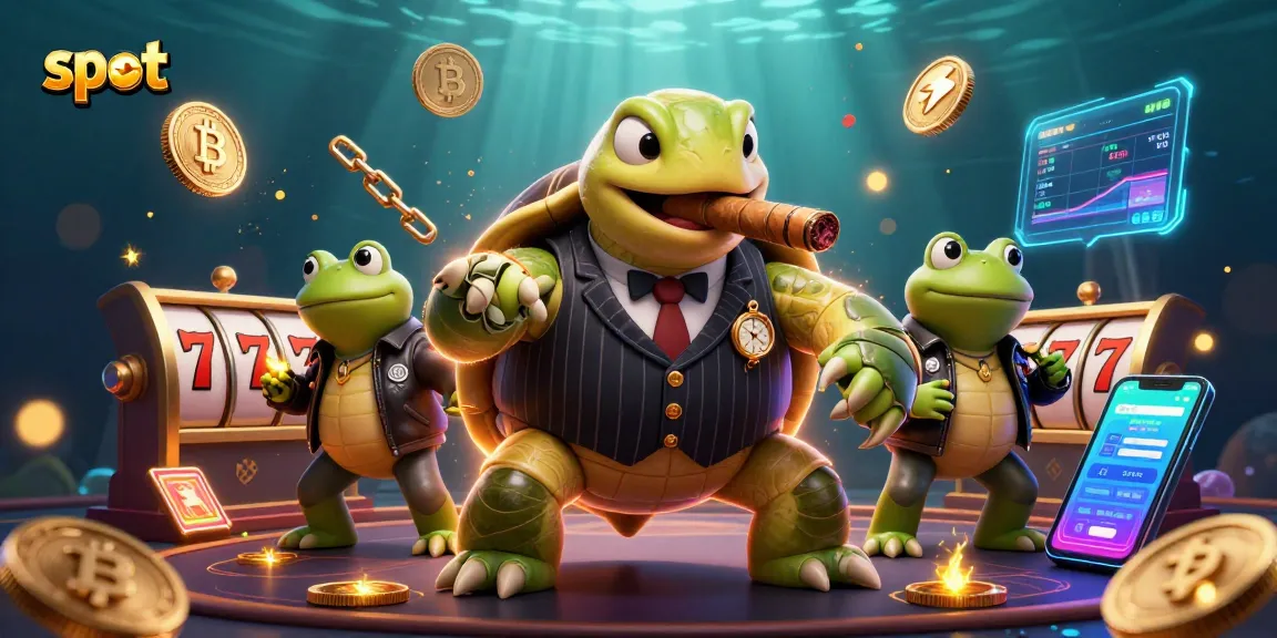 Experience thrilling slot action with a massive turtle in a vintage suit surrounded by vibrant casino elements.
