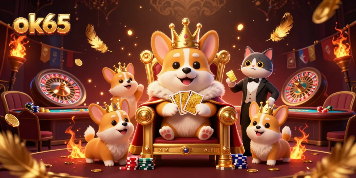 Engage with exciting games at ok65, featuring vibrant slot reels and rich casino elements in a lively scene.