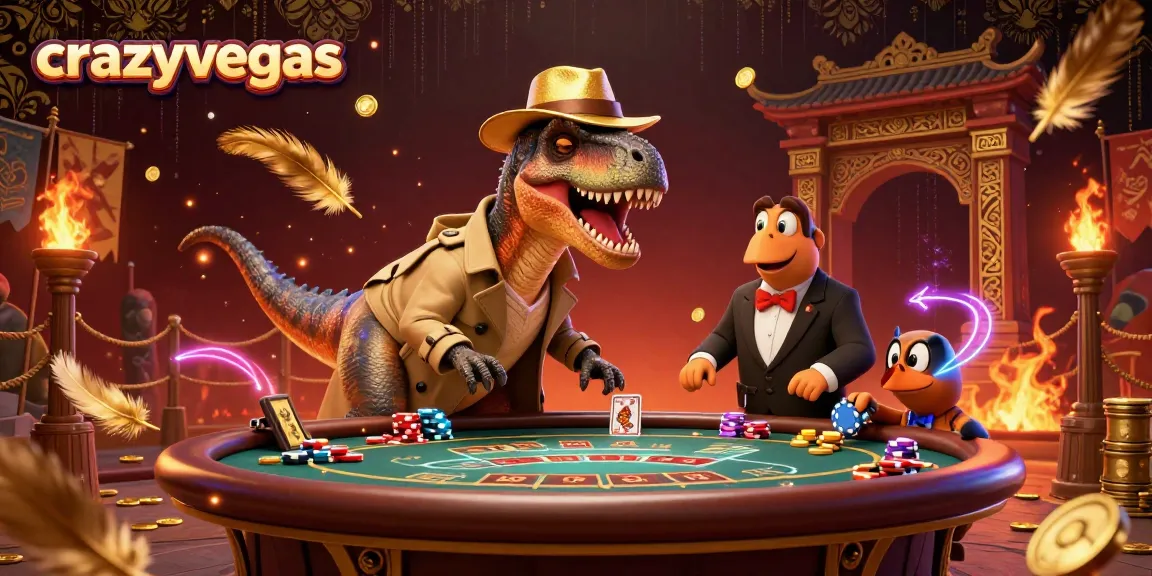 Exciting crazyvegas scene with a cartoon velociraptor card counter at a blackjack table, stealing the show.