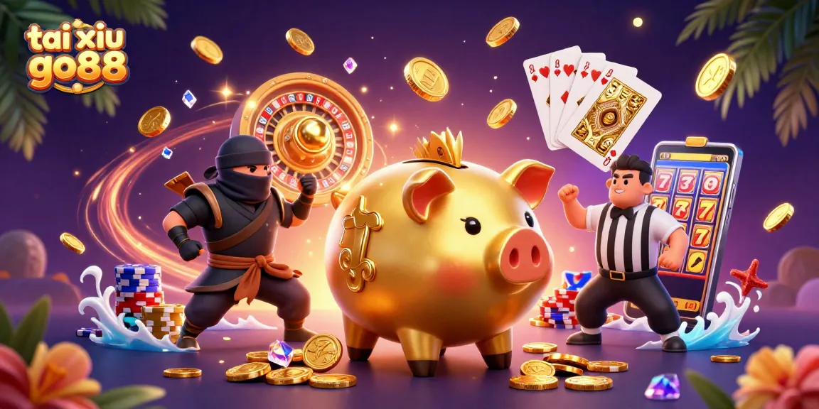 Experience the thrill of tai xiu go88 with vibrant 3D illustrations of epic gaming characters and casino elements.