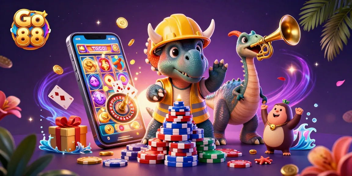 Go 88 celebrates winners with a vibrant 3D illustration of a triceratops amid casino elements.