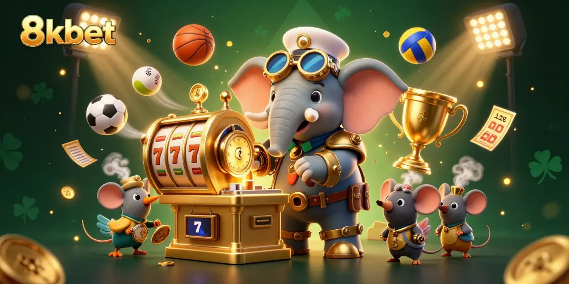 Engage with 8xbet's thrilling slot machine action led by a steampunk elephant engineer and dynamic game elements.