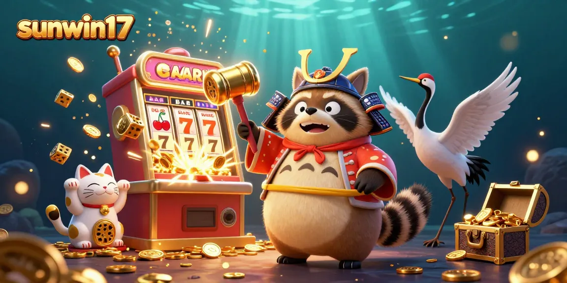 Engage with sunwin17's vibrant 3D illustration of a tanuki and fortune cats enjoying a casino jackpot.