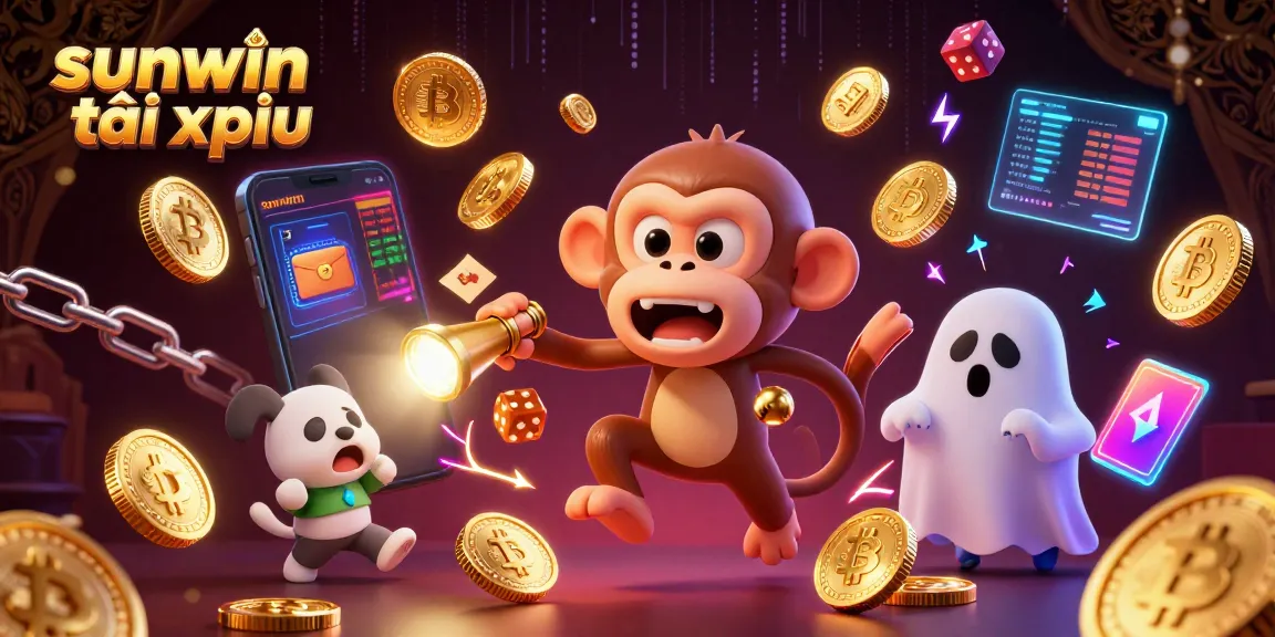 Experience sunwin tài xỉu excitement in a haunted casino scene with juggled coins and a curious puppy.