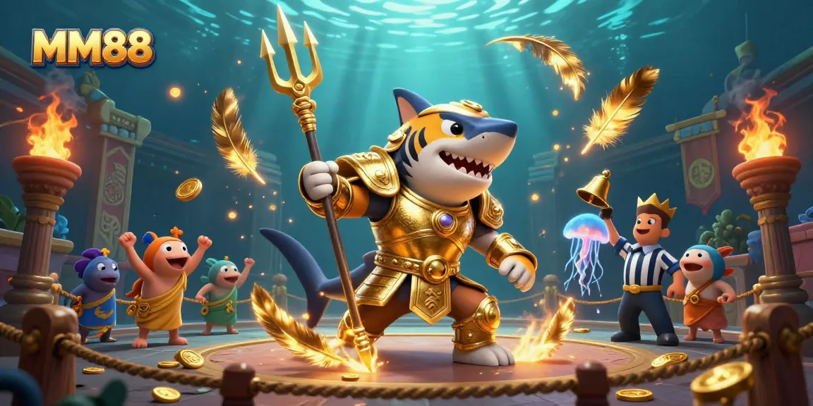 Experience thrilling gameplay with MM88’s vibrant underwater casino scene featuring a tiger shark and cheering fish.