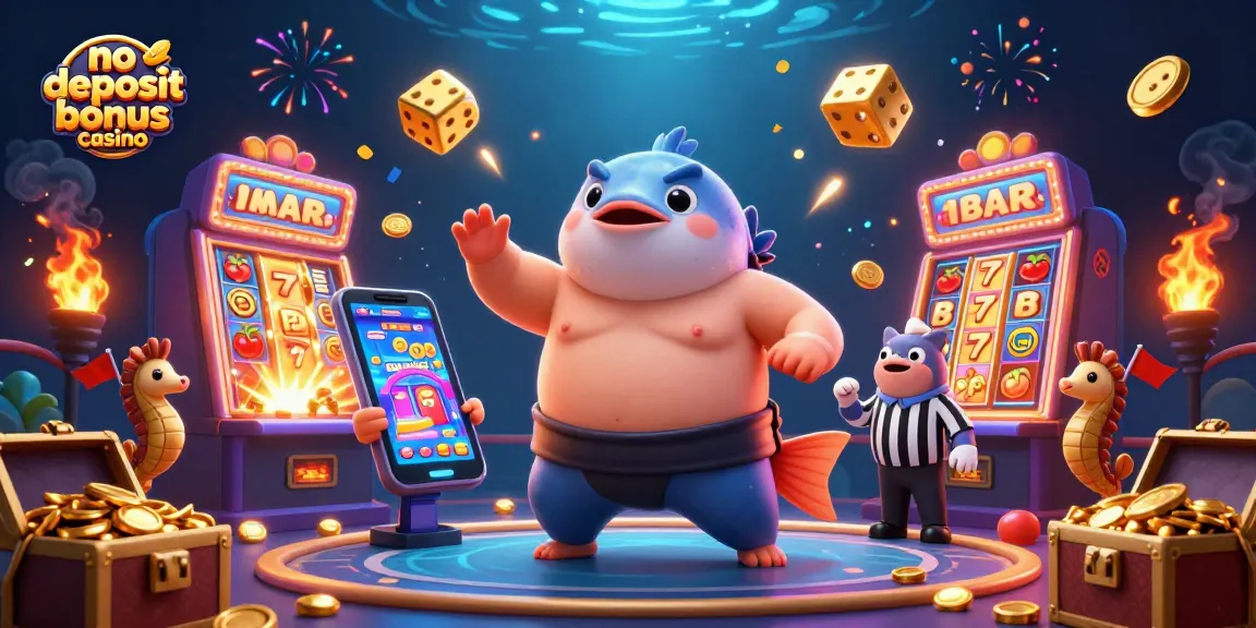 Experience the thrill of a no deposit bonus casino featuring playful characters, glowing slot machines, and immersive elements.