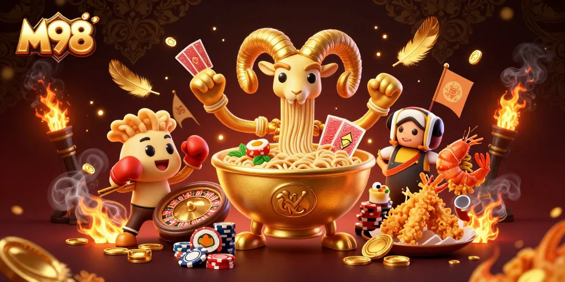 M98 brings casino excitement to life with a vibrant 3D illustration of the giant ramen bowl and friends dealing cards.