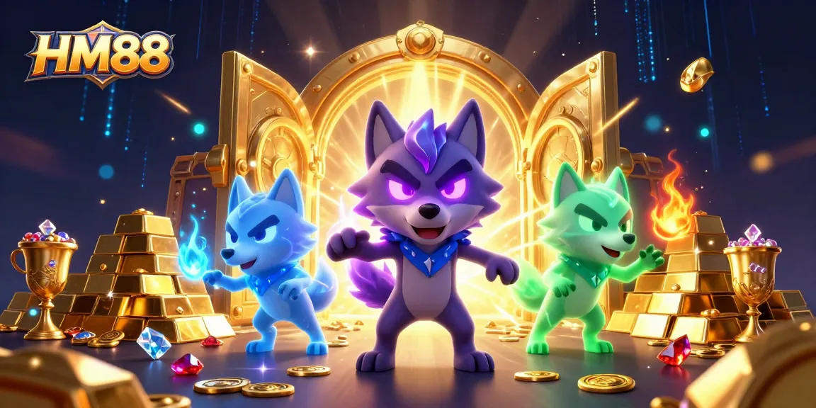 Engage with thrilling games at HM88, featuring a powerful wolf leader surrounded by treasures.