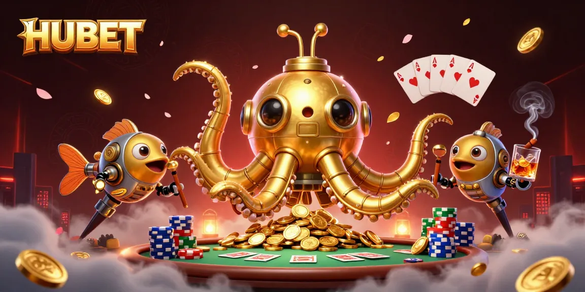 HUBET players enjoy vibrant poker action with a golden kraken submarine amidst dynamic gaming elements.